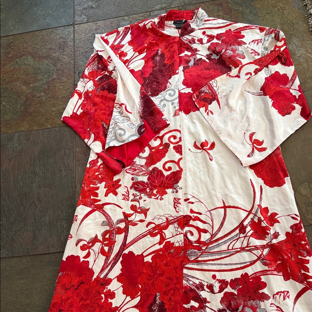 Natori Red and cream Floral Robe house coat caftan loungewear large? Poly. Zip. - Picture 5 of 7